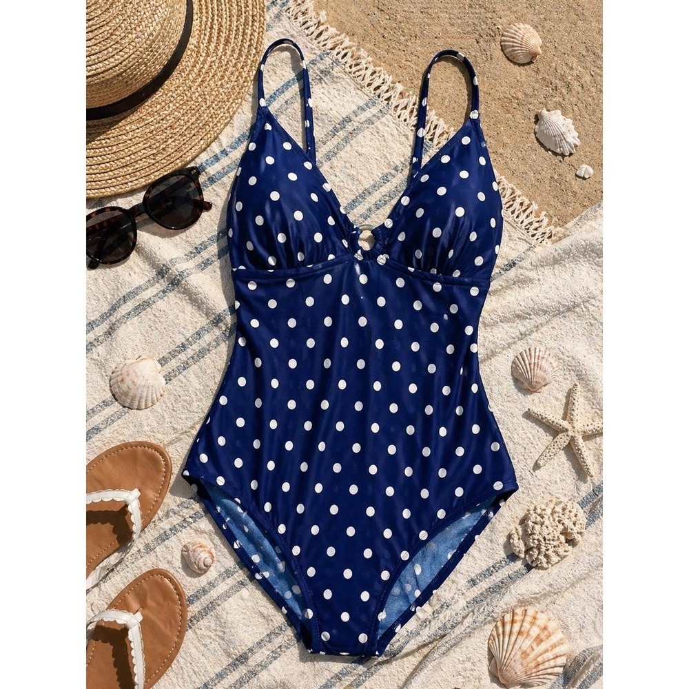 Speedo One Piece Swimsuit Navy Blue Polka Dot Retro Athletic Size 14